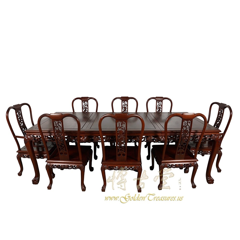 Vintage Chinese Carved Rosewood Dining Table With 8 Chairs Set