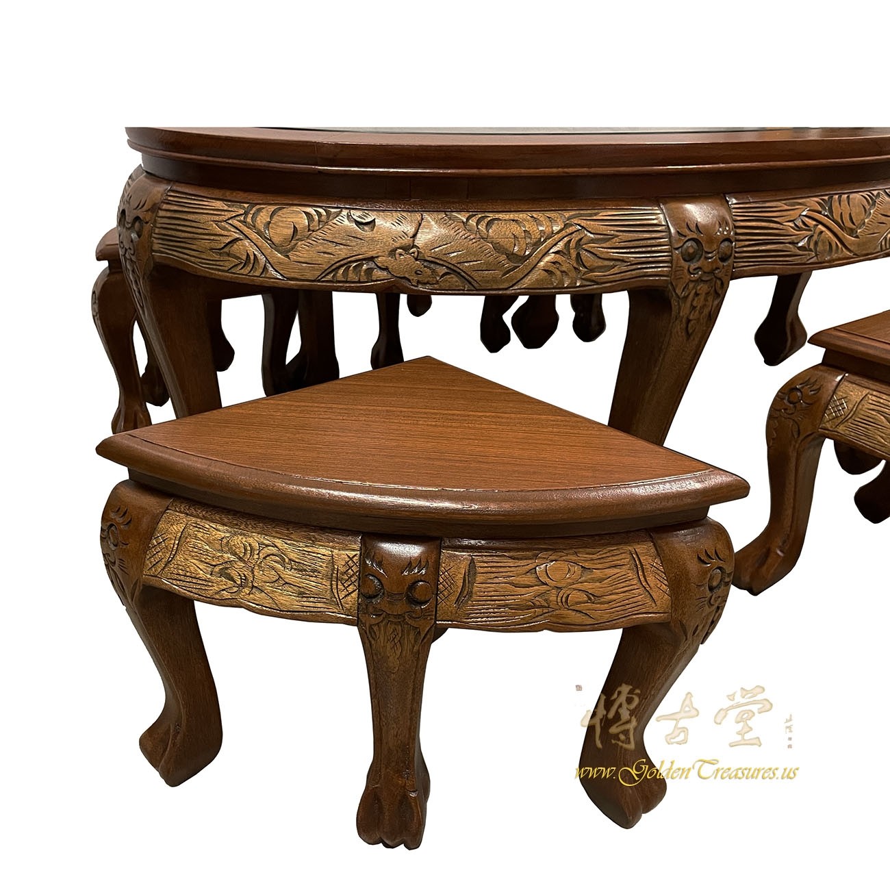 Vintage Chinese Massive Carved Coffee Table with 6 Nesting Stools