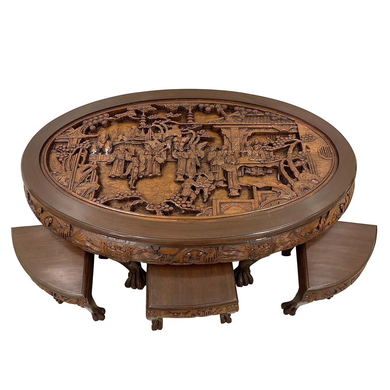 Mid 20th Century Chinese Massive Oval Carved Coffee Table With 6 Nesting Stools Chinese Antiques