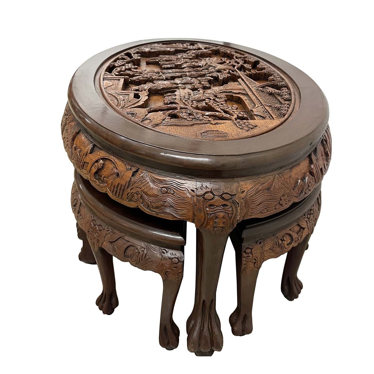 Oriental hand carved oval coffee table with 6 stools hotsell