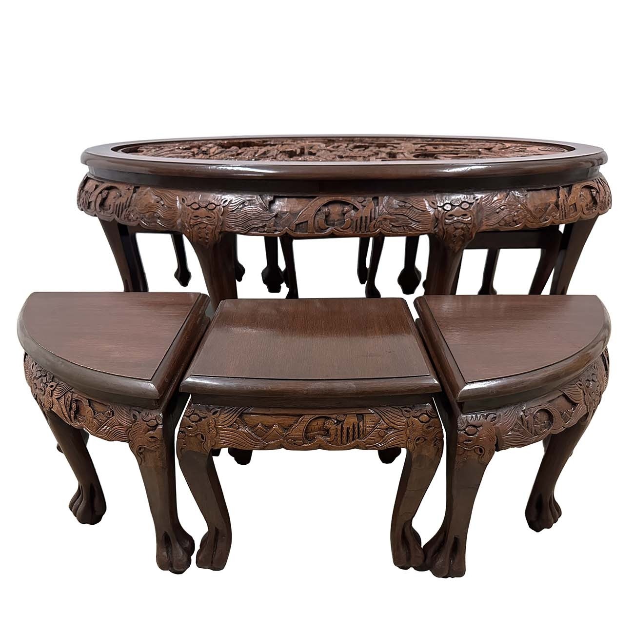 Oriental hand carved oval coffee table with 6 stools 2025