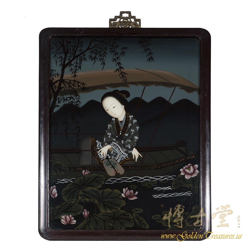 Chinese Antique Portrait Reverse Painting on Glass - girl on boating 17LP31