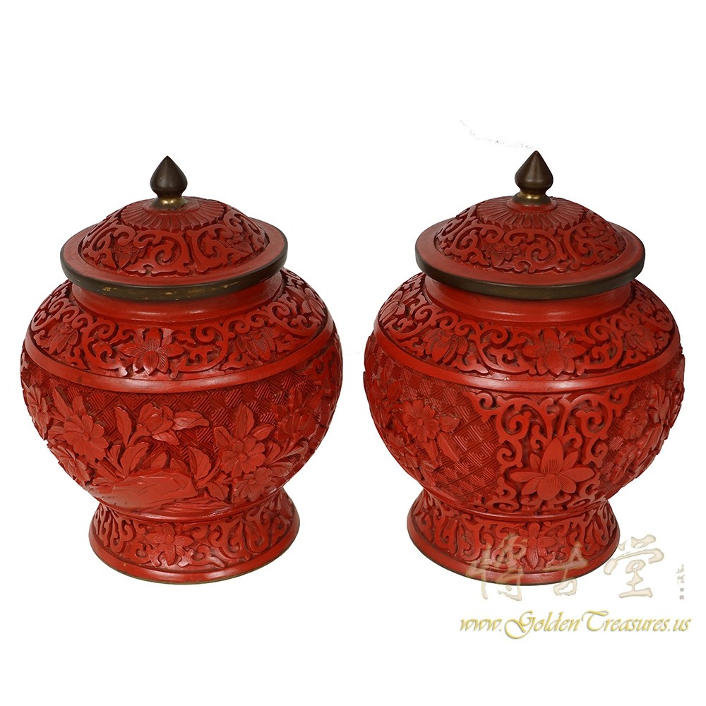 Vintage Pair of Chinese Carved Cinnabar Lacquer Ginger Jar