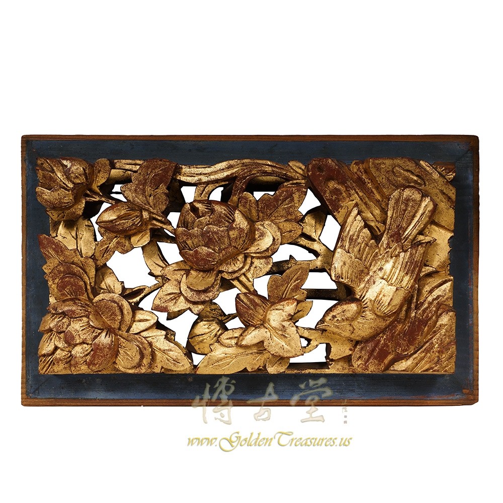 Chinese Antique 3D wood carving Gold Flake panel