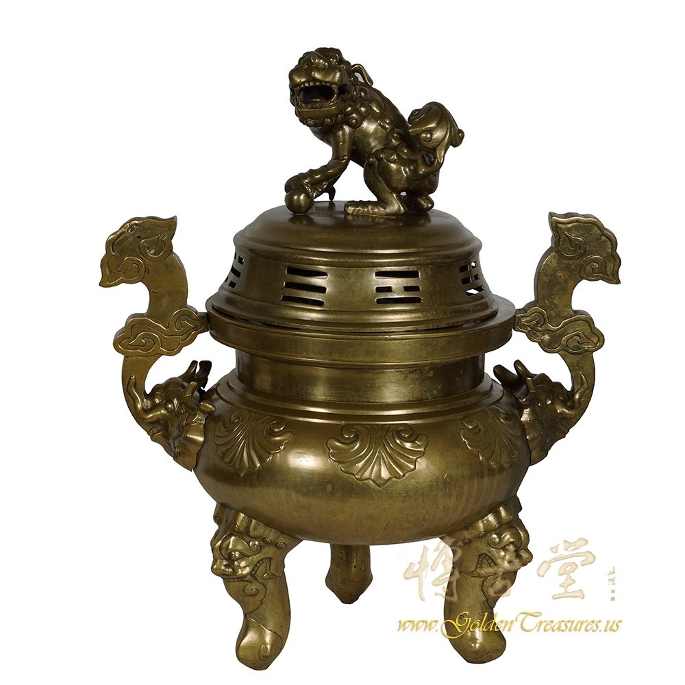 19" Huge Antique Chinese Bronze Foo Dog Incense Burner