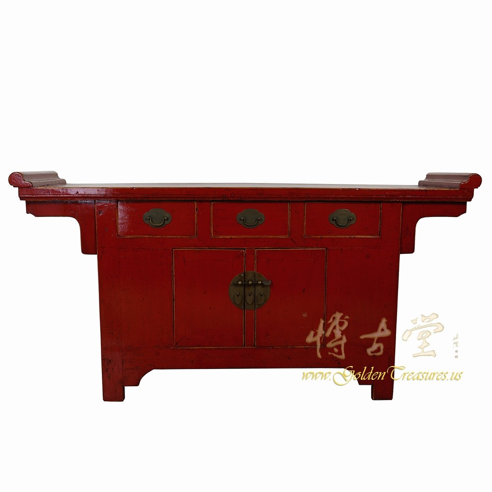 Chinese Antique Red Lacquered Altar Cabinet Sideboard Buffet Table