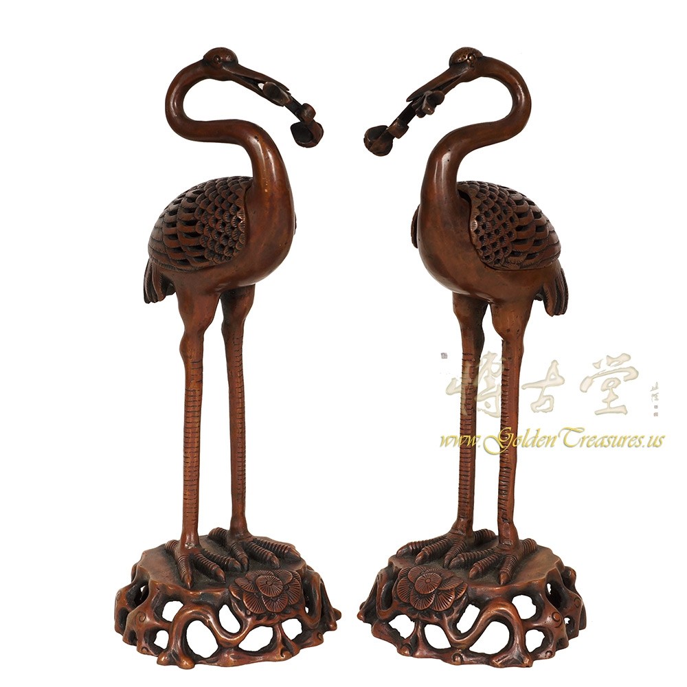 Chinese Antique Carved Bronze Crane Incense Burner