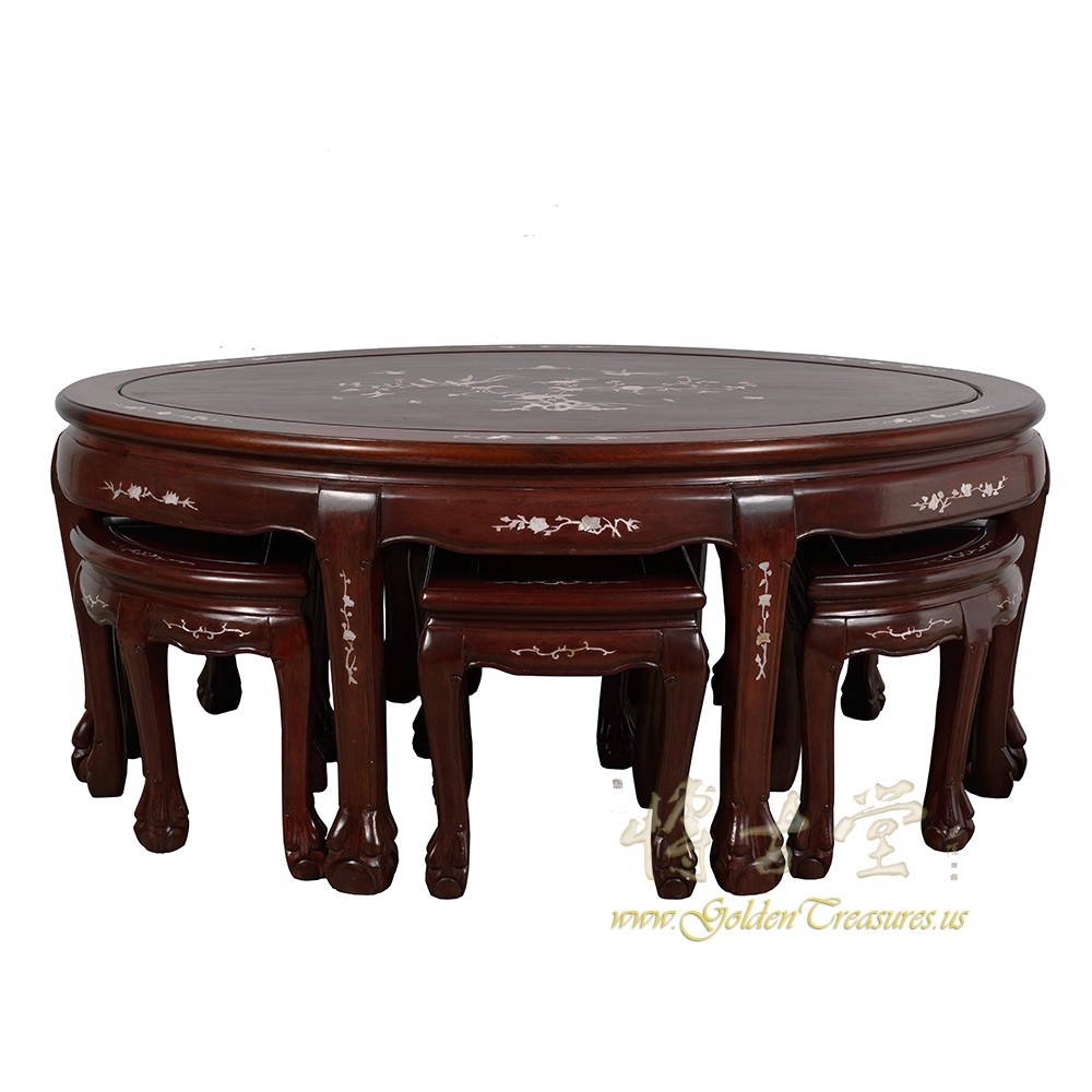 Vintage Chinese Rosewood with MOP inlayed Coffee Table with 6 Stools