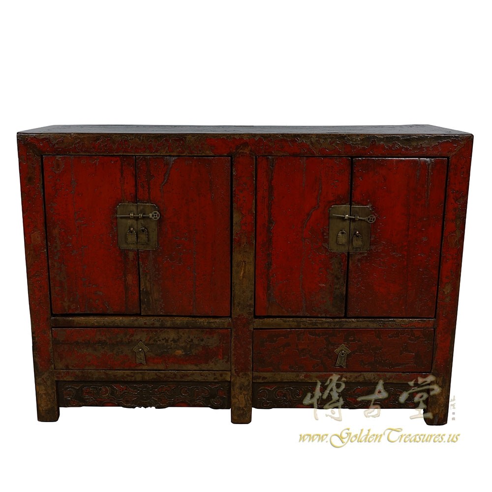 Antique Chinese Red Lacquered Twin Cabinet, Sideboard