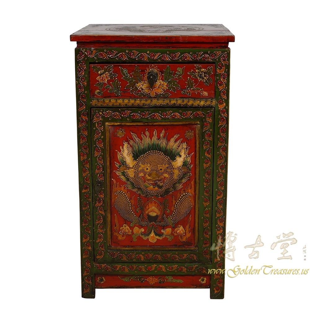 Antique Tibetan Painted Nightstand, End Table