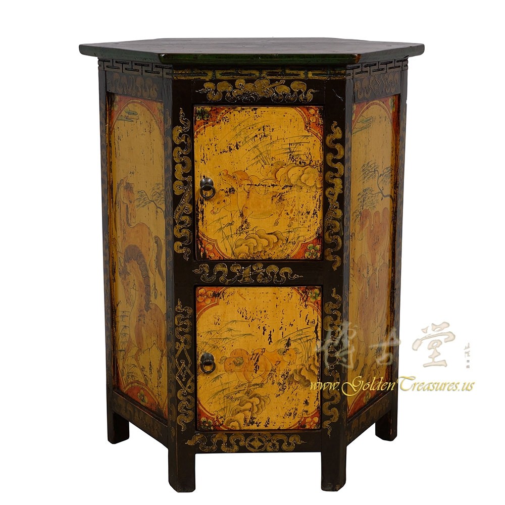 Antique Tibetan Hexagon Painted Nightstand, End Table
