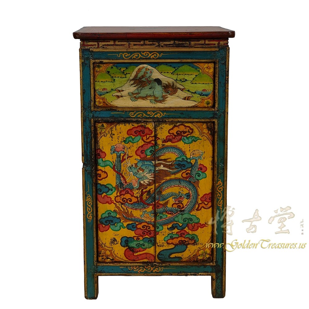 Antique Tibetan Painted Nightstand, End Table