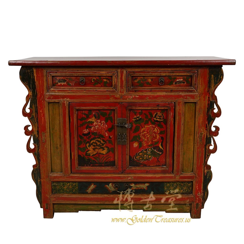 Antique Chinese Carved Color Painted Console Table, Cabinet