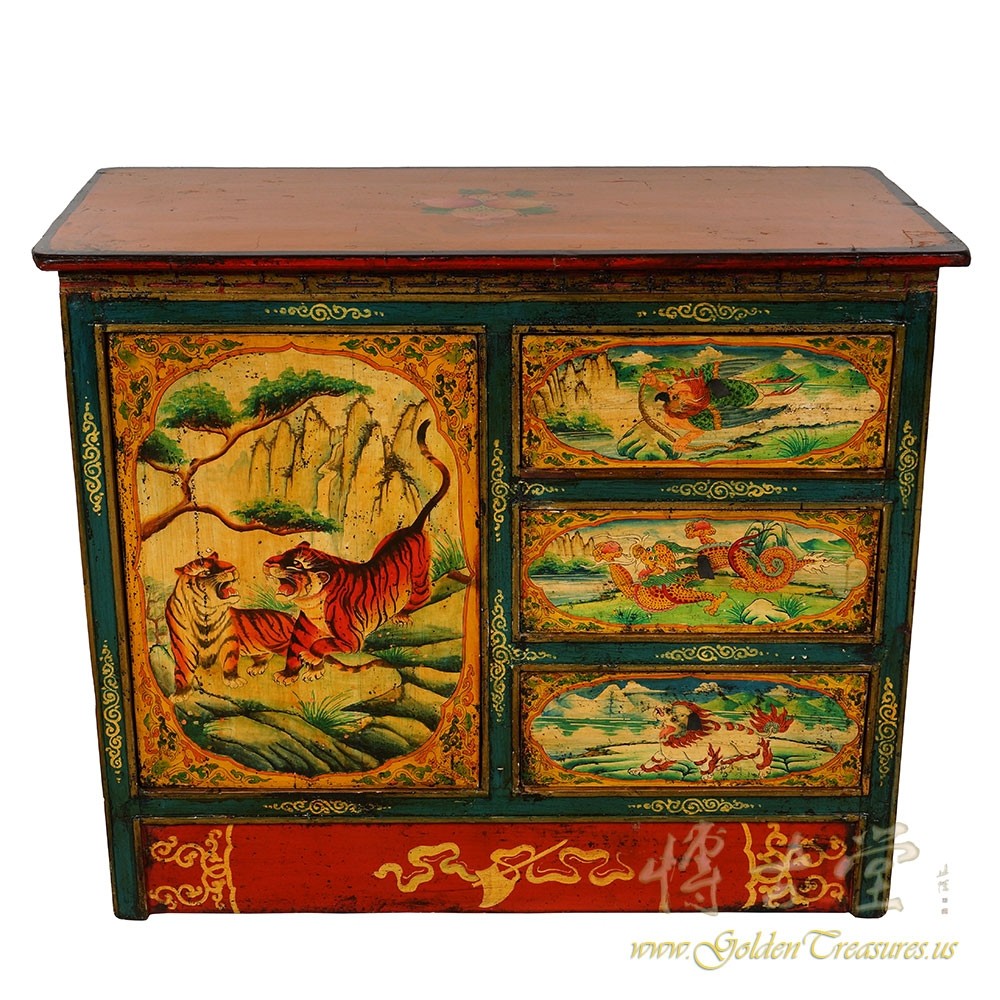 Antique Tibetan Colorful Painted Cabinet, Chest