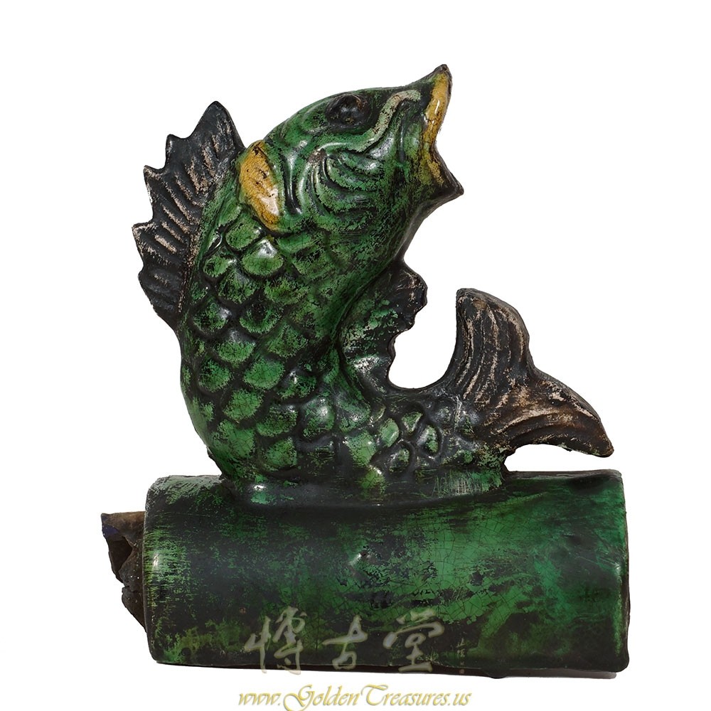 Vintage Chinese Glazed Ceramic Koi Fish Roof Tile