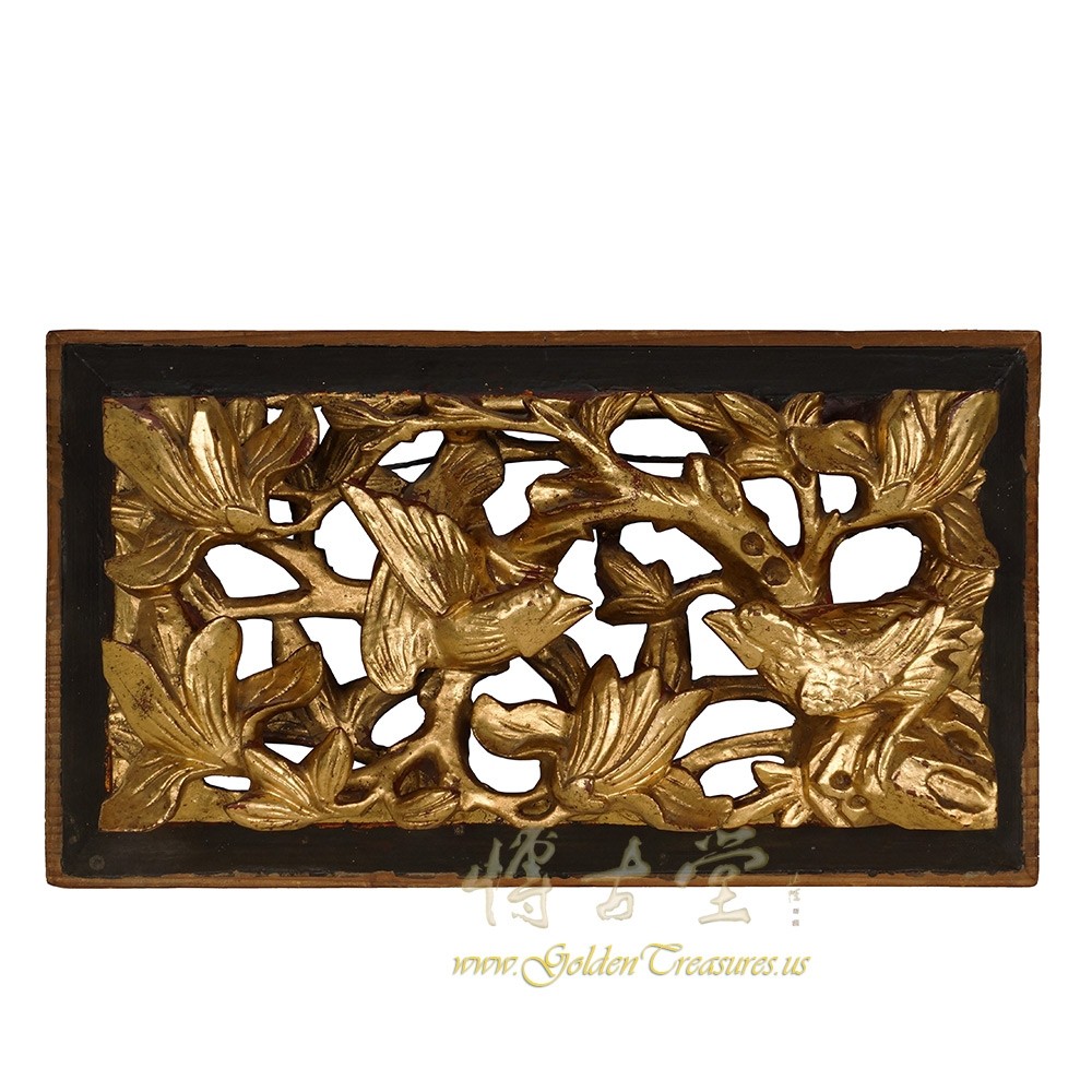 Chinese Antique 3D wood carving Gold Flake panel
