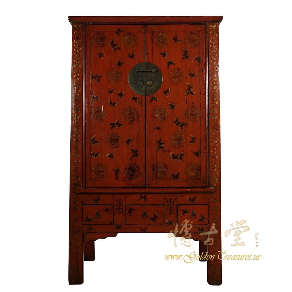 Antique Chinese Red Lacquered Butterfly Armoire Wardrobe Chinese