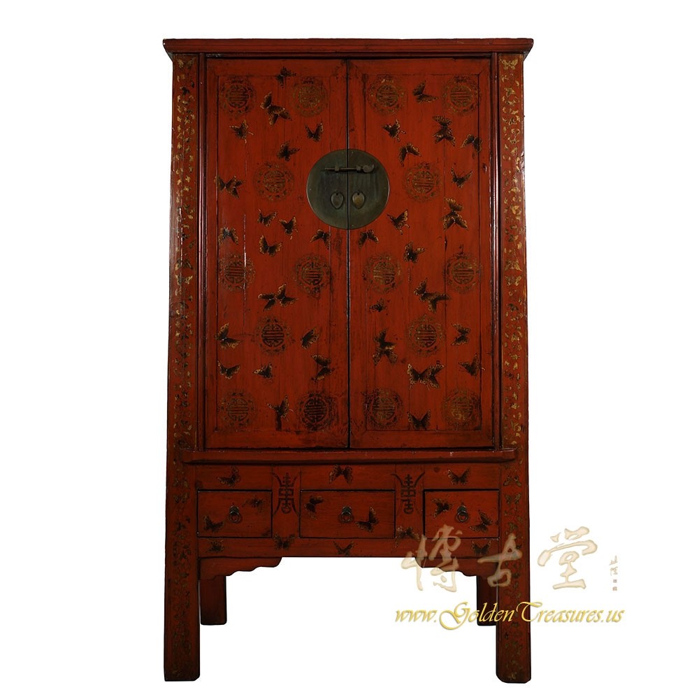 Antique Chinese Red Lacquered Butterfly Armoire, Wardrobe