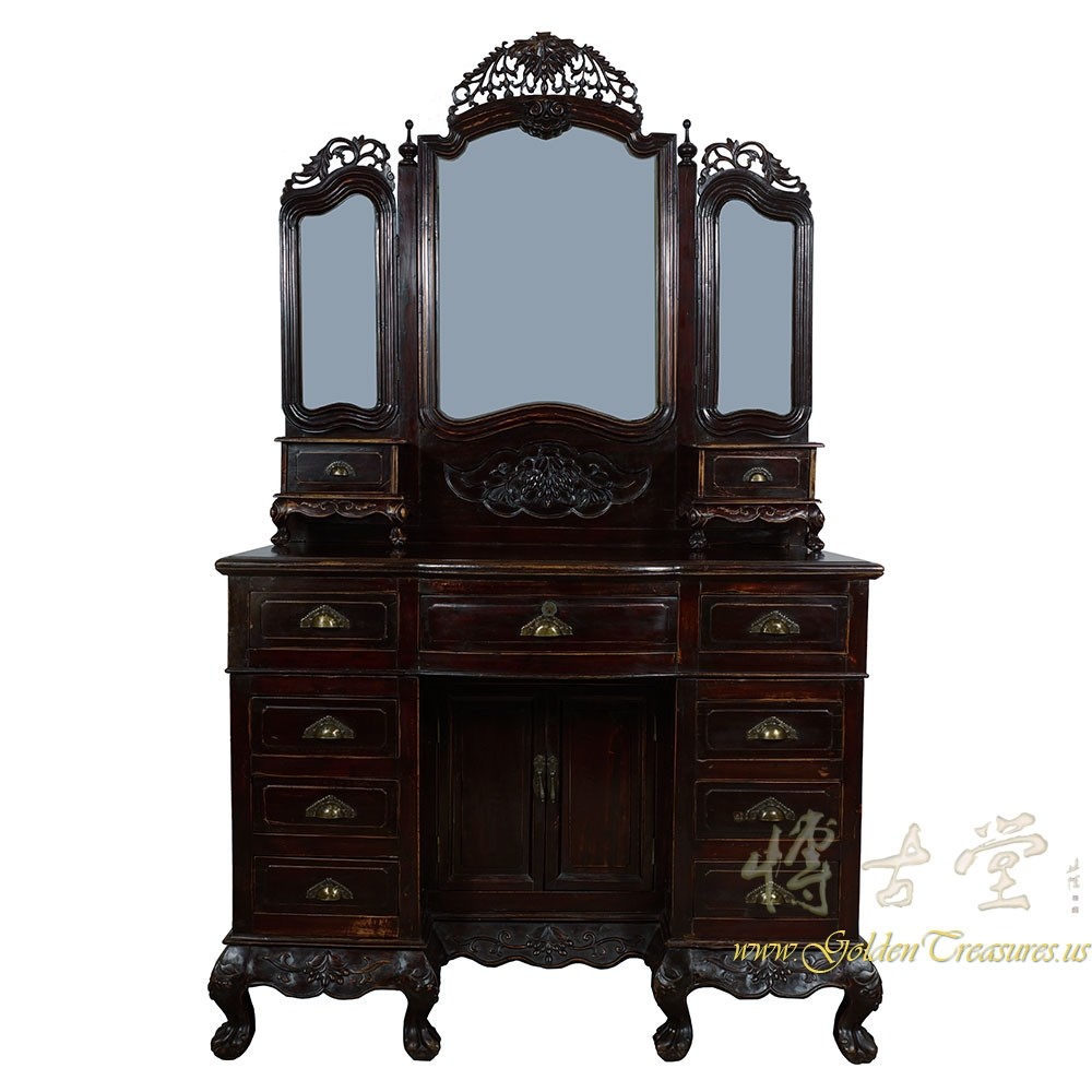 Antique Chinese Carved Vanity Dressing Table With Mirror Chinese