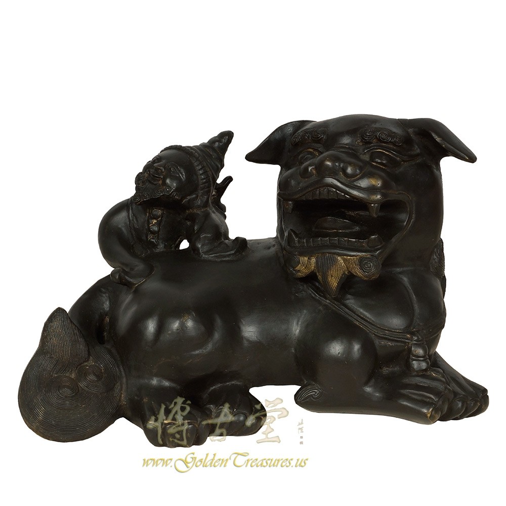 Vintage Asian Carved Brass Foo Dog Statue