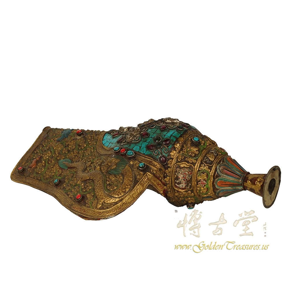 Antique Tibetan Buddhist Conch Shell with Turquoise, Coral inlay