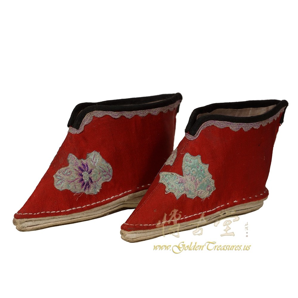 Antique Chinese Silk Embroidered Bounded Foot Shoes
