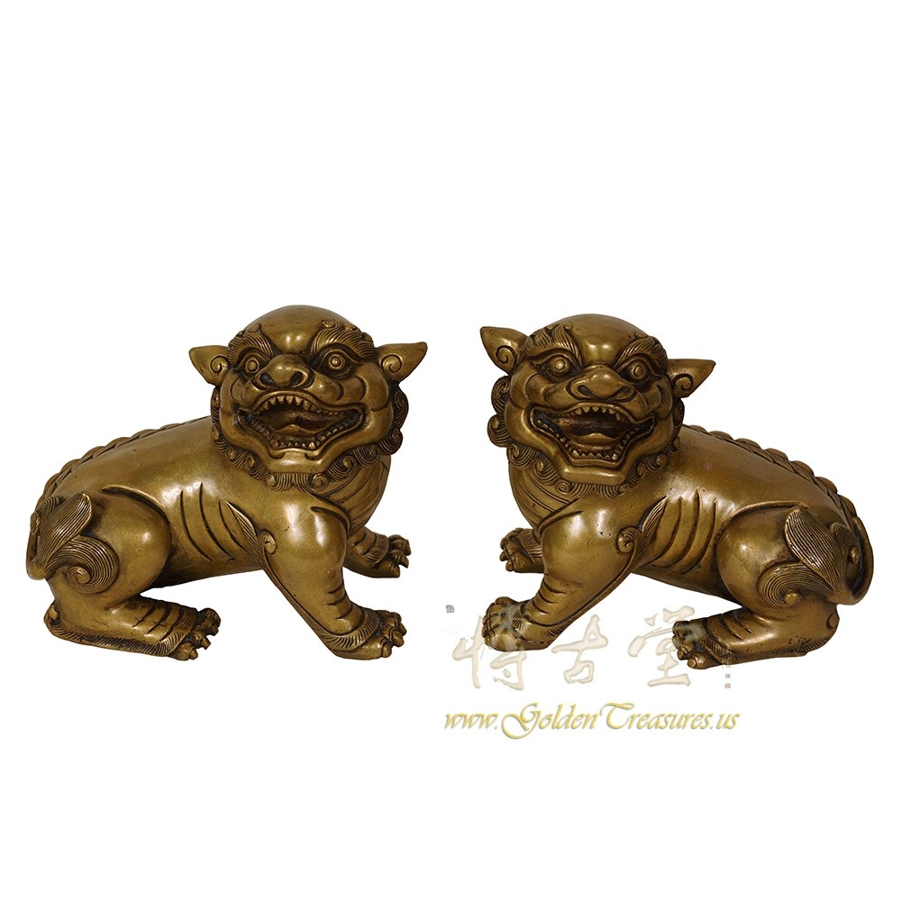 Pair of Vintage Chinese Bronze Foo Dog Statues