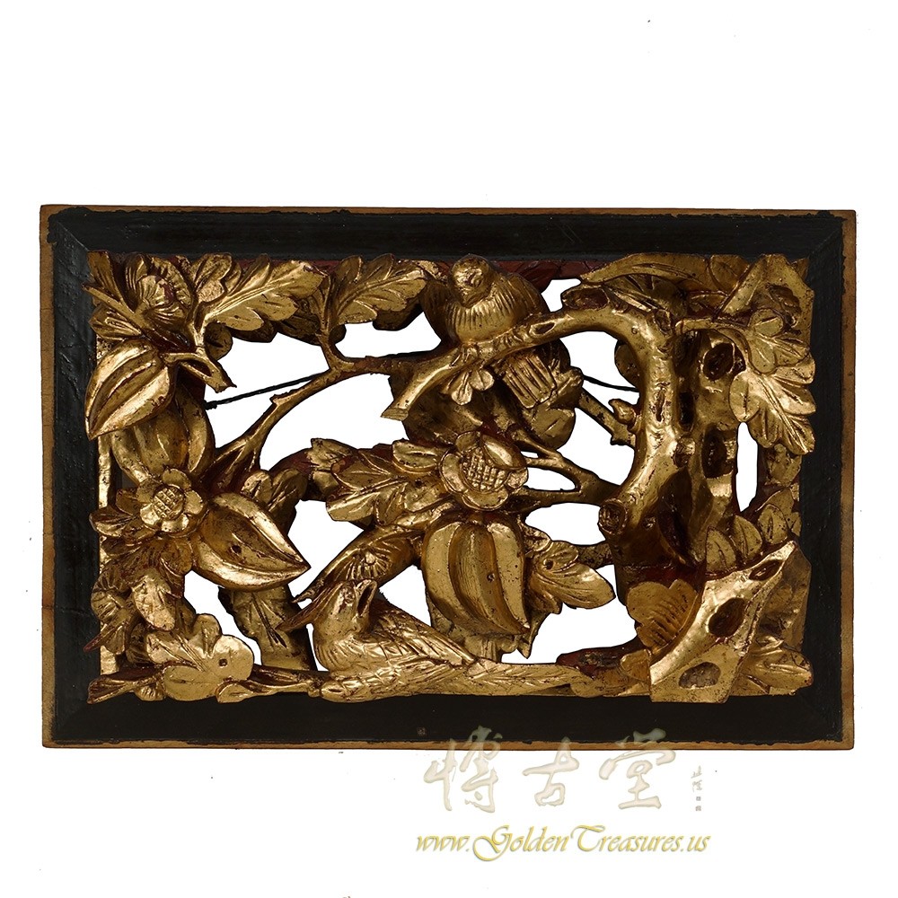 Chinese Antique 3D wood carving Gold Flake panel