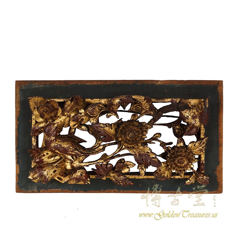 Chinese Antique 3D wood carving Gold Flake panel