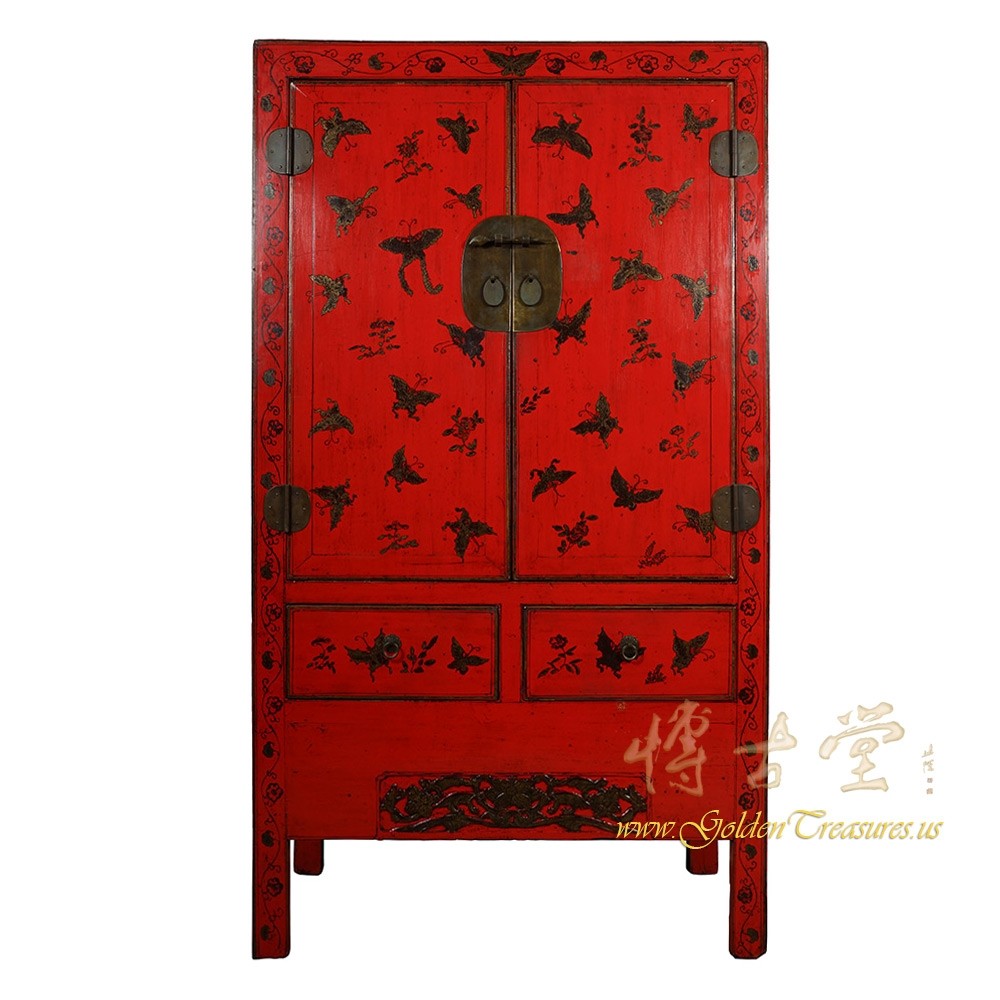 Antique Chinese Red Lacquered Gilt Butterfly Armoire
