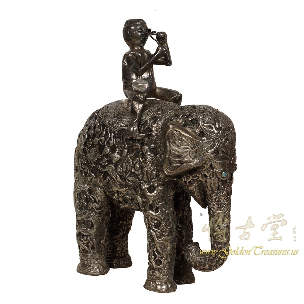 Antique Tibetan Silver Statue - Man on Elephant, Hand Carved
