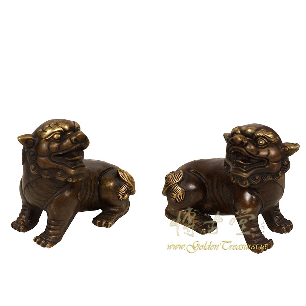 Pair of Vintage Chinese Bronze Foo Dog Statues