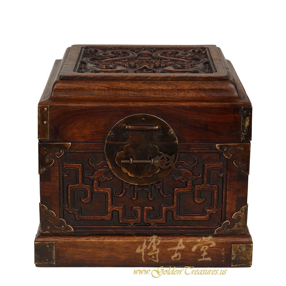 Antique Chinese Hand Carved Rosewood Dragon Jewelry Box