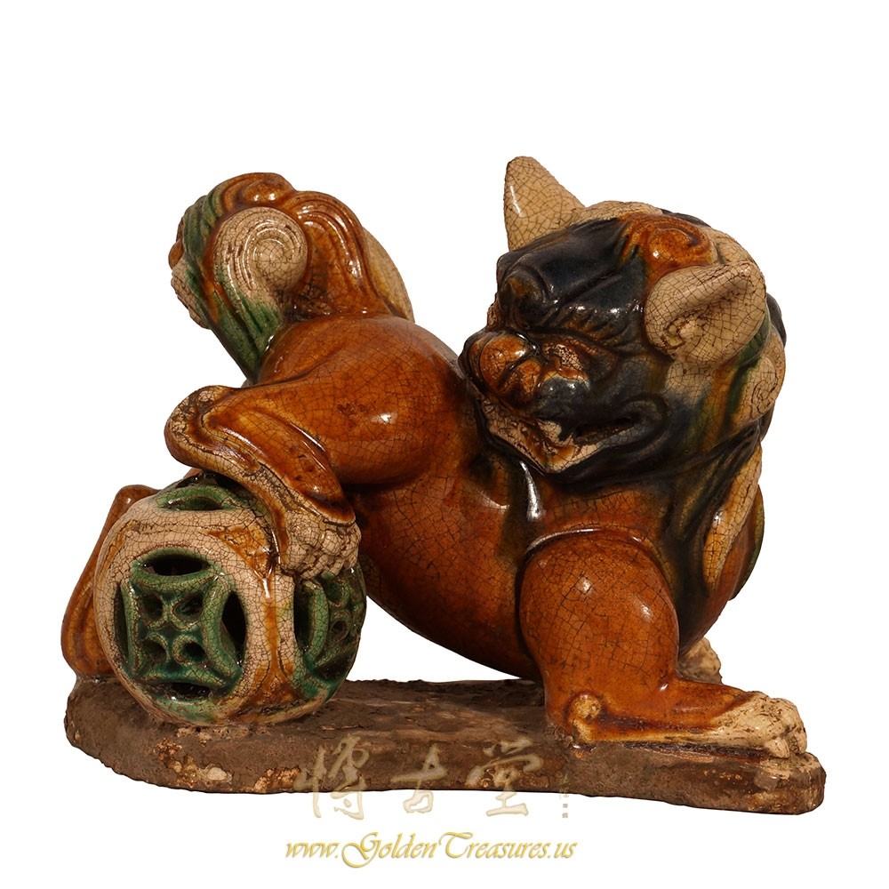 Vintage Chinese Ceramic Glaze Foo Dog playing Ball