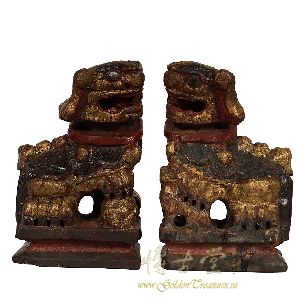 19 Century Chinese Wooden Carved Foo Dog - Pair