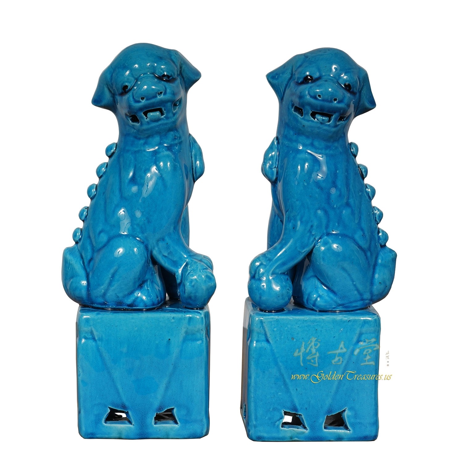 Vintage Chinese Porcelain Turquoise Foo Dog Figurines - a Pair