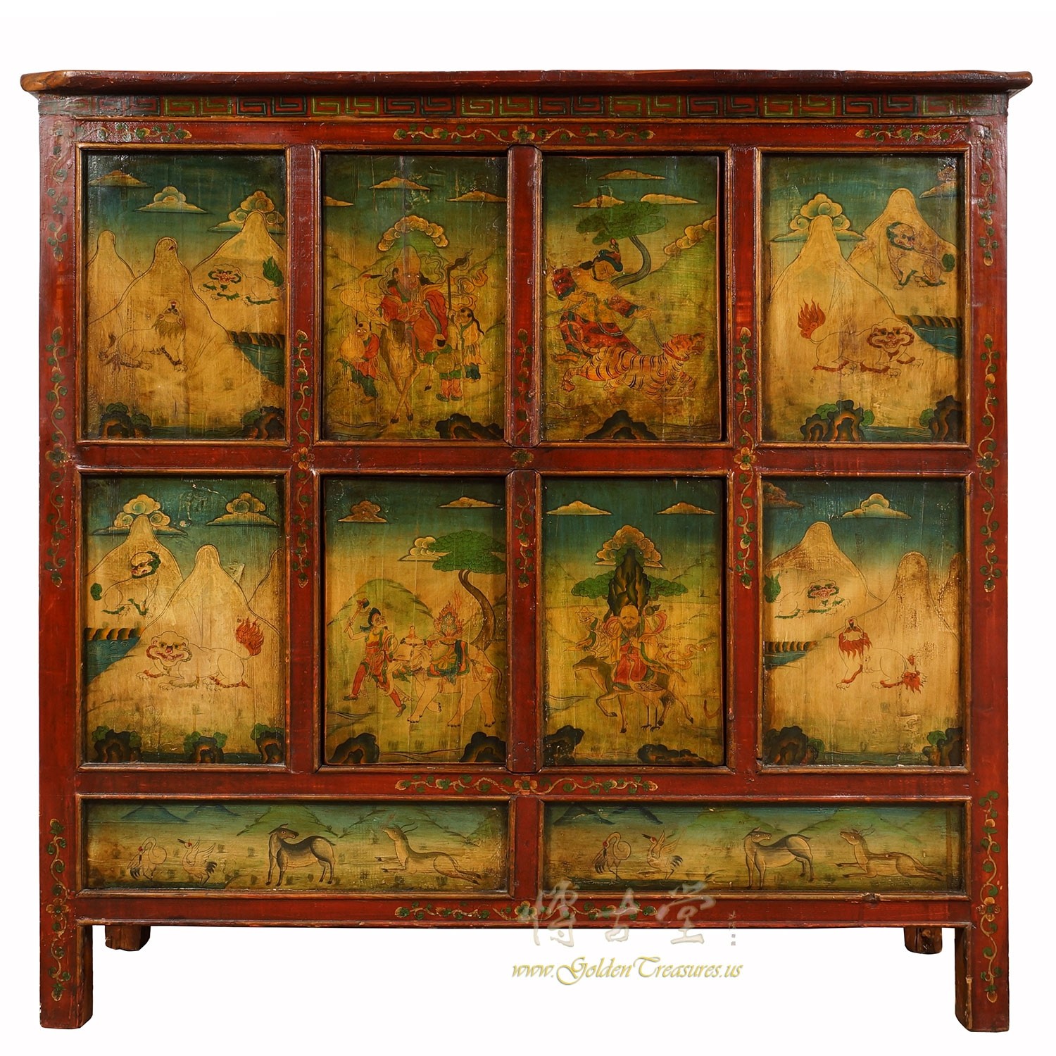 19 Century Antique Tibetan Hand Painted Tall Credenza Storage Cabinet