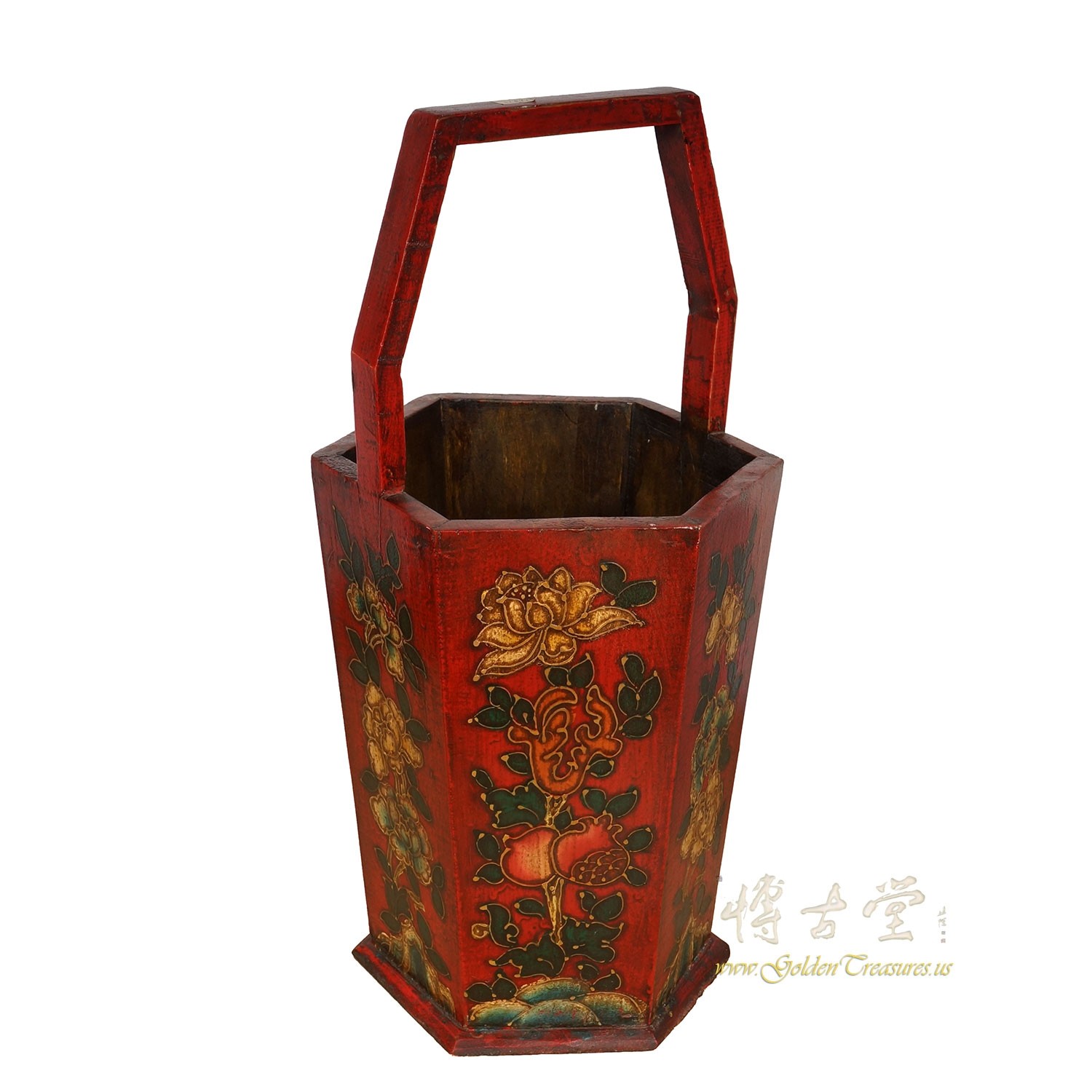 Vintage Tibetan Painted Wooden Bucket, Magazine Holder, Umbrella Stand