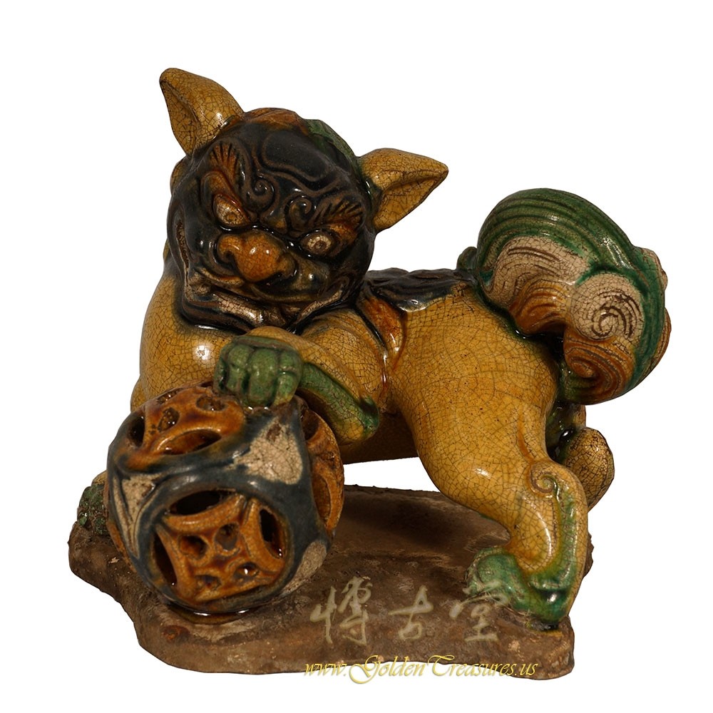 Vintage Chinese Ceramic Glaze Foo Dog playing Ball