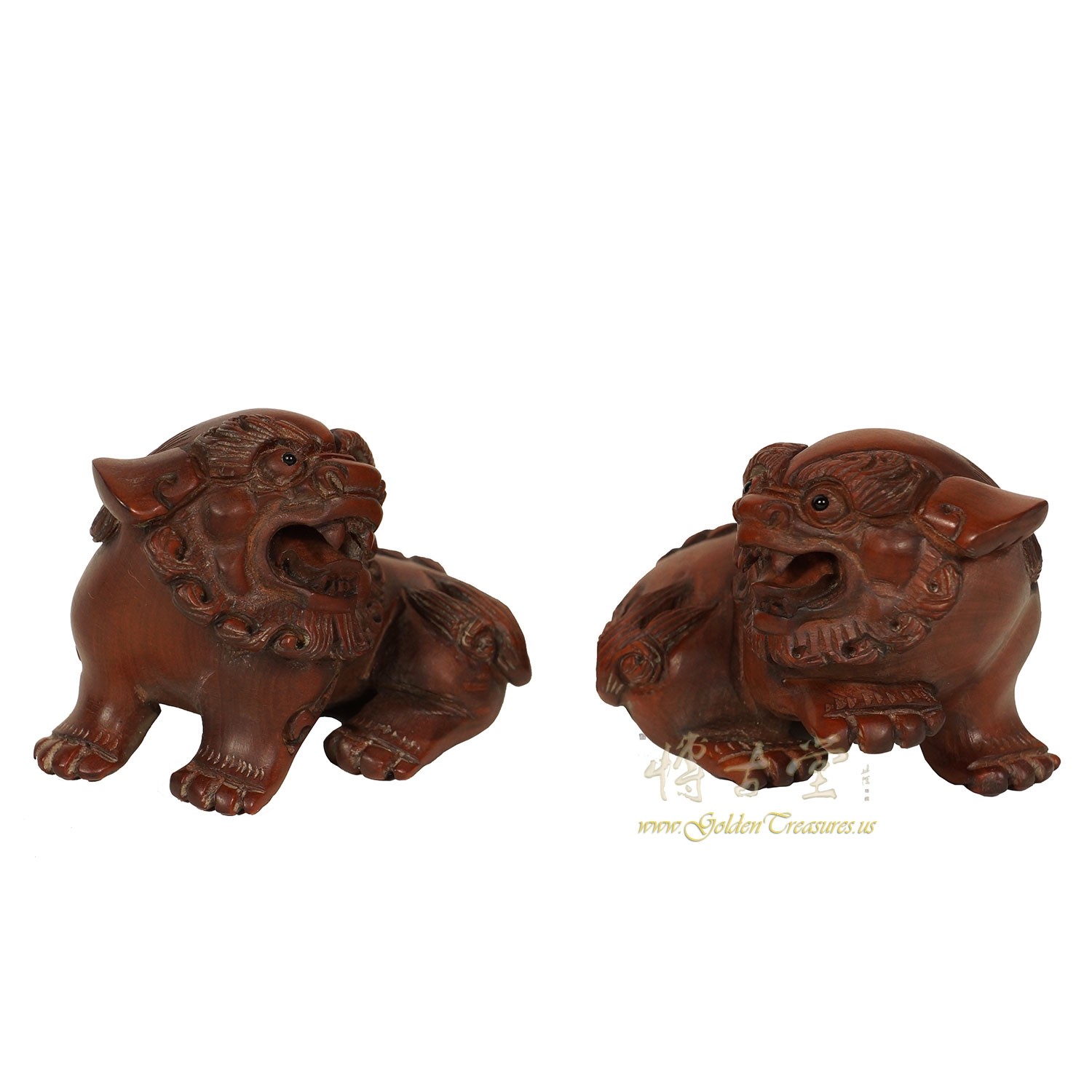 Vintage Chinese Boxwood Carved Foo Dog set of 2