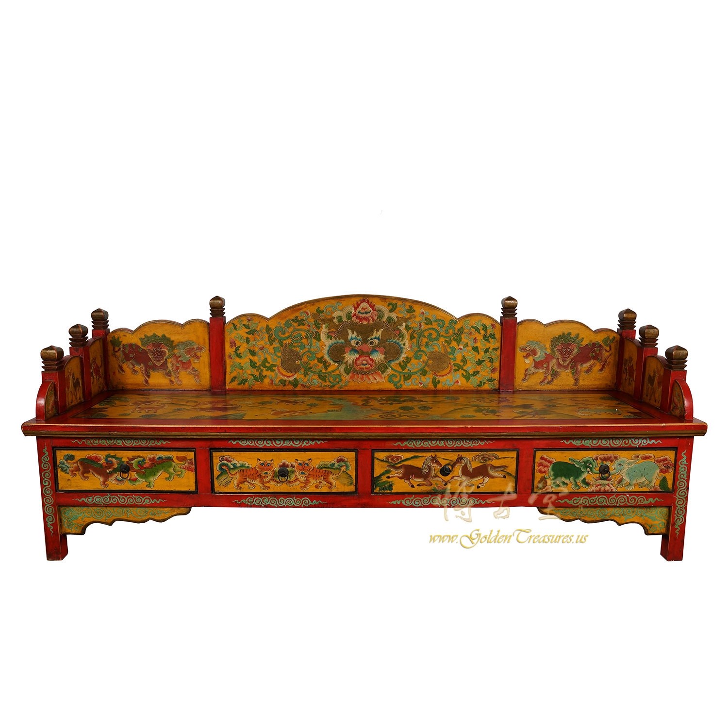 20 Century Vintage Tibetan Hand Painted Settee/Long Bench