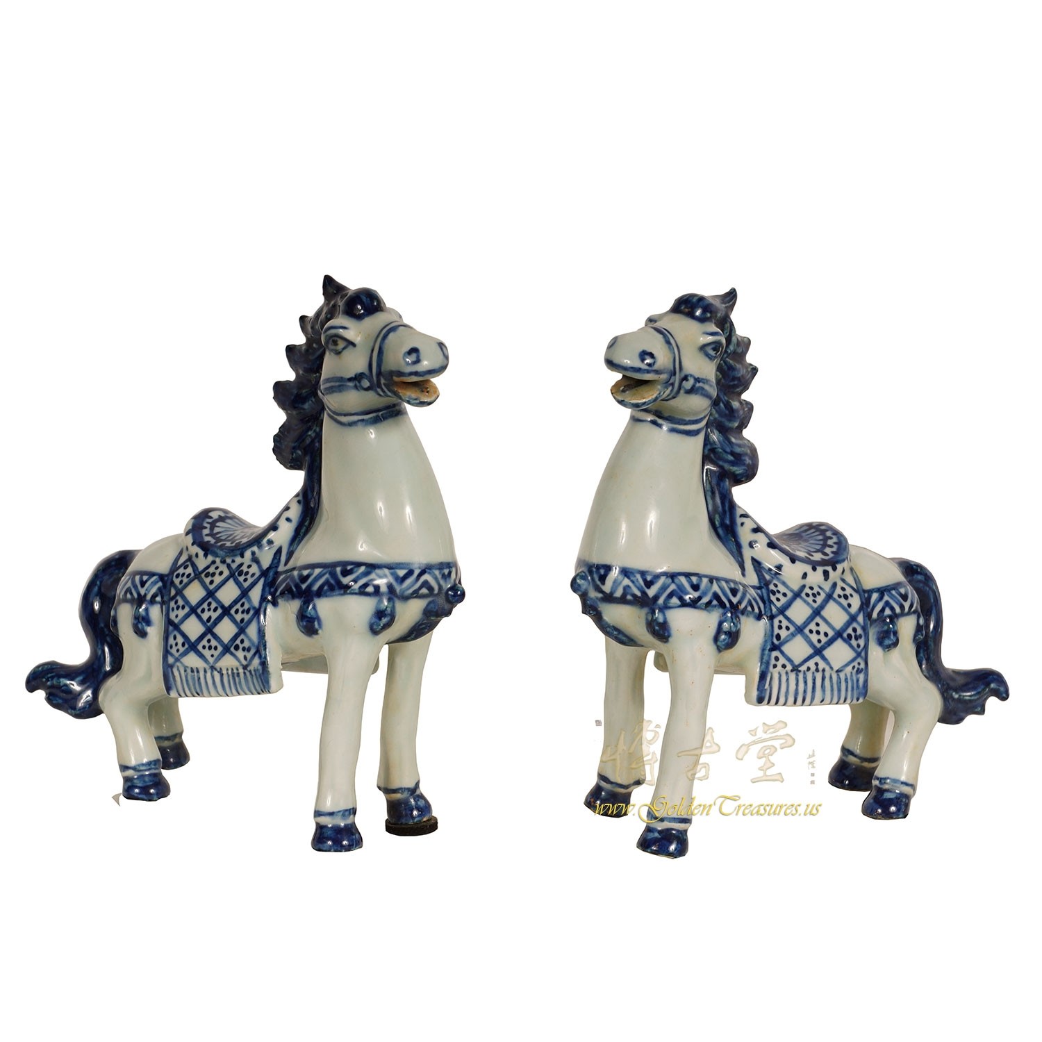 Vintage Chinese Blue and White Porcelain Horses set of 2