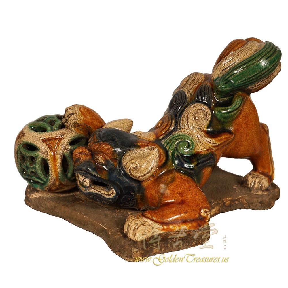 Vintage Chinese Ceramic Glaze Foo Dog playing Ball