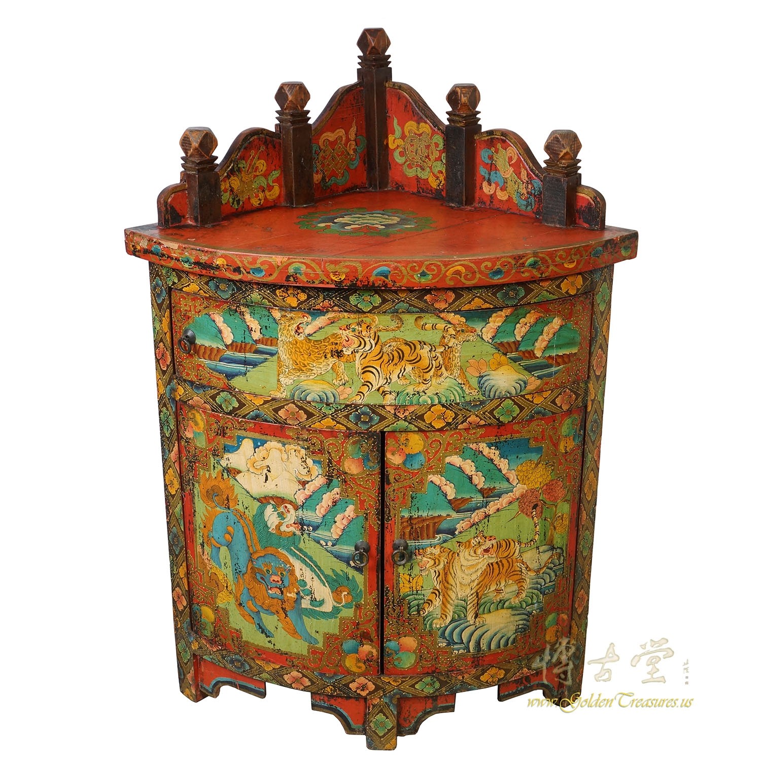 Antique Tibetan Hand Painted Corner Cabinet/Night Stand