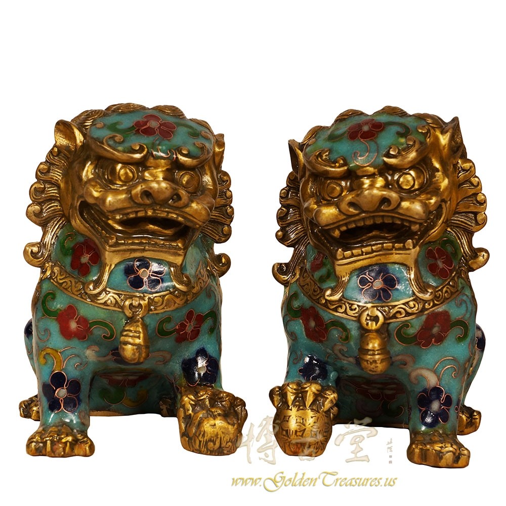 Vintage Chinese Hand Made Cloisonne Foo Dog Statuary - Pair