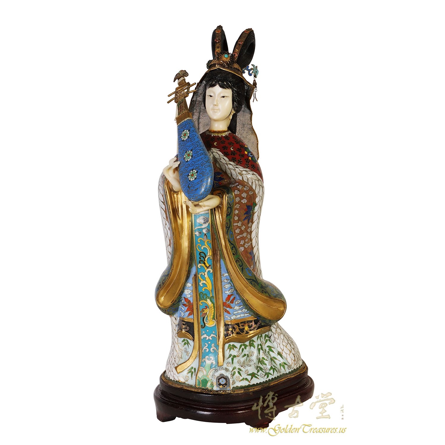 Chinese Antique Cloisonne Beauty Figurine With Musical instrument