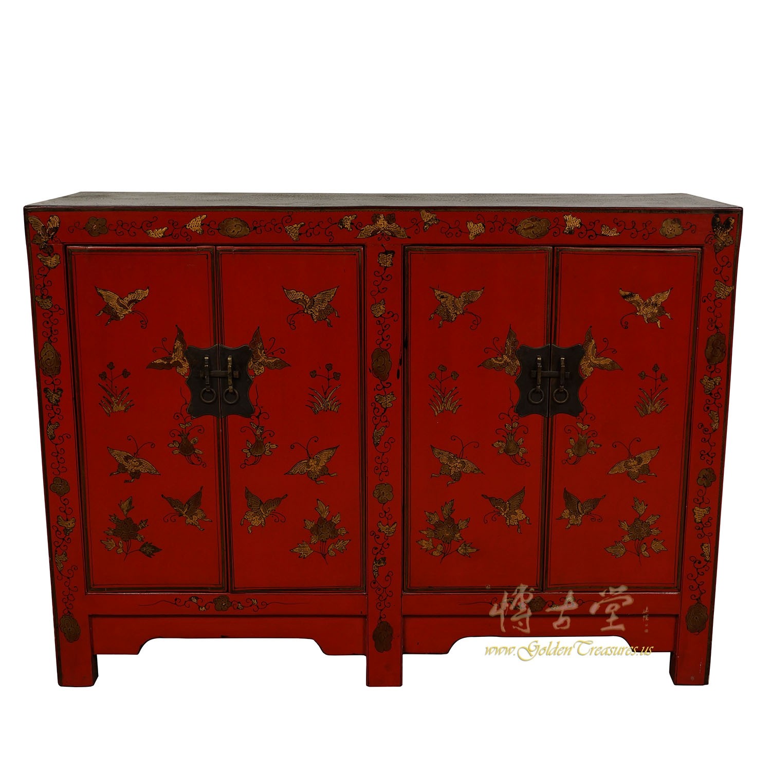 Vintage Chinese Gilt Red Butterfly Twin Cabinet, Buffet Table, Sideboard