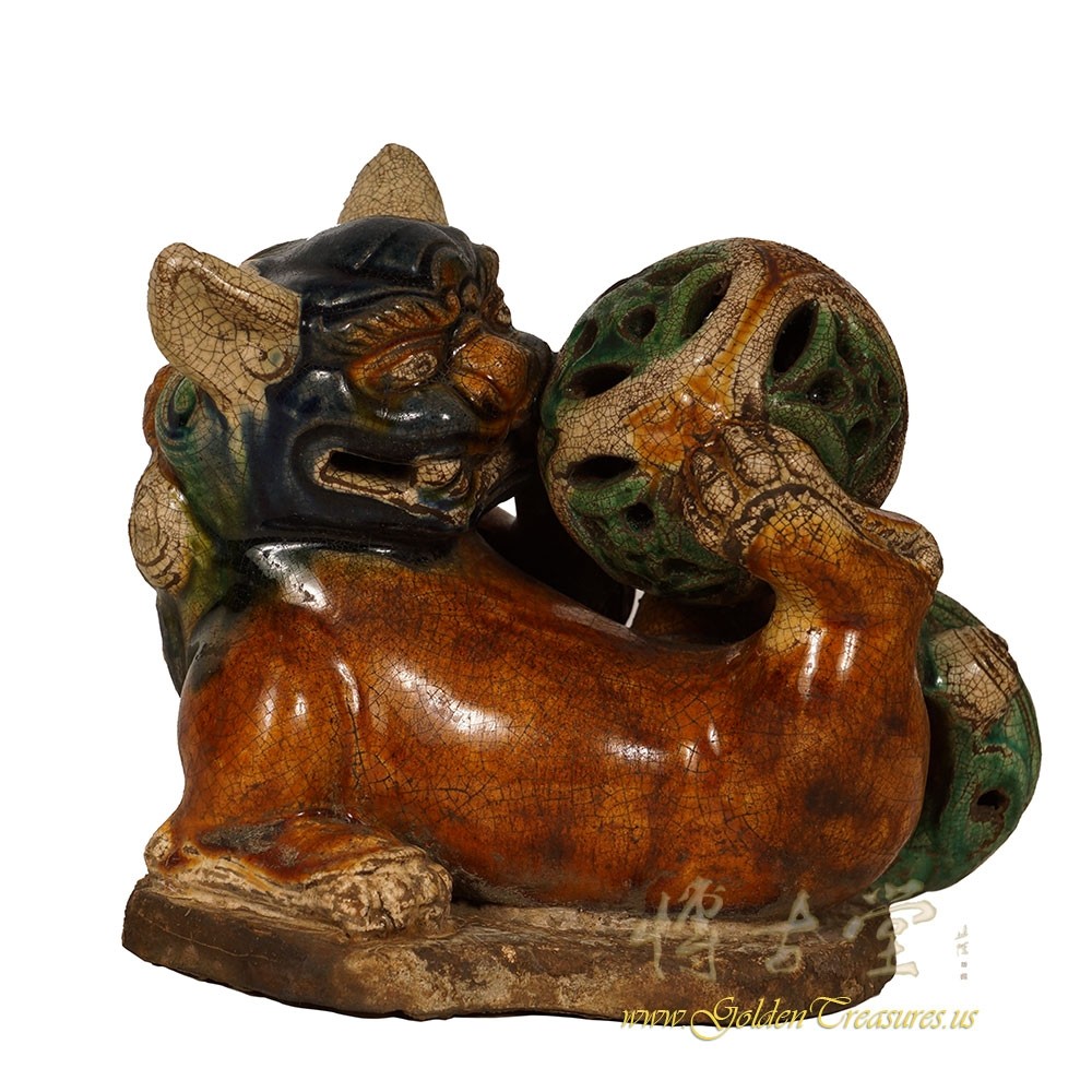 Vintage Chinese Ceramic Glaze Foo Dog playing Ball