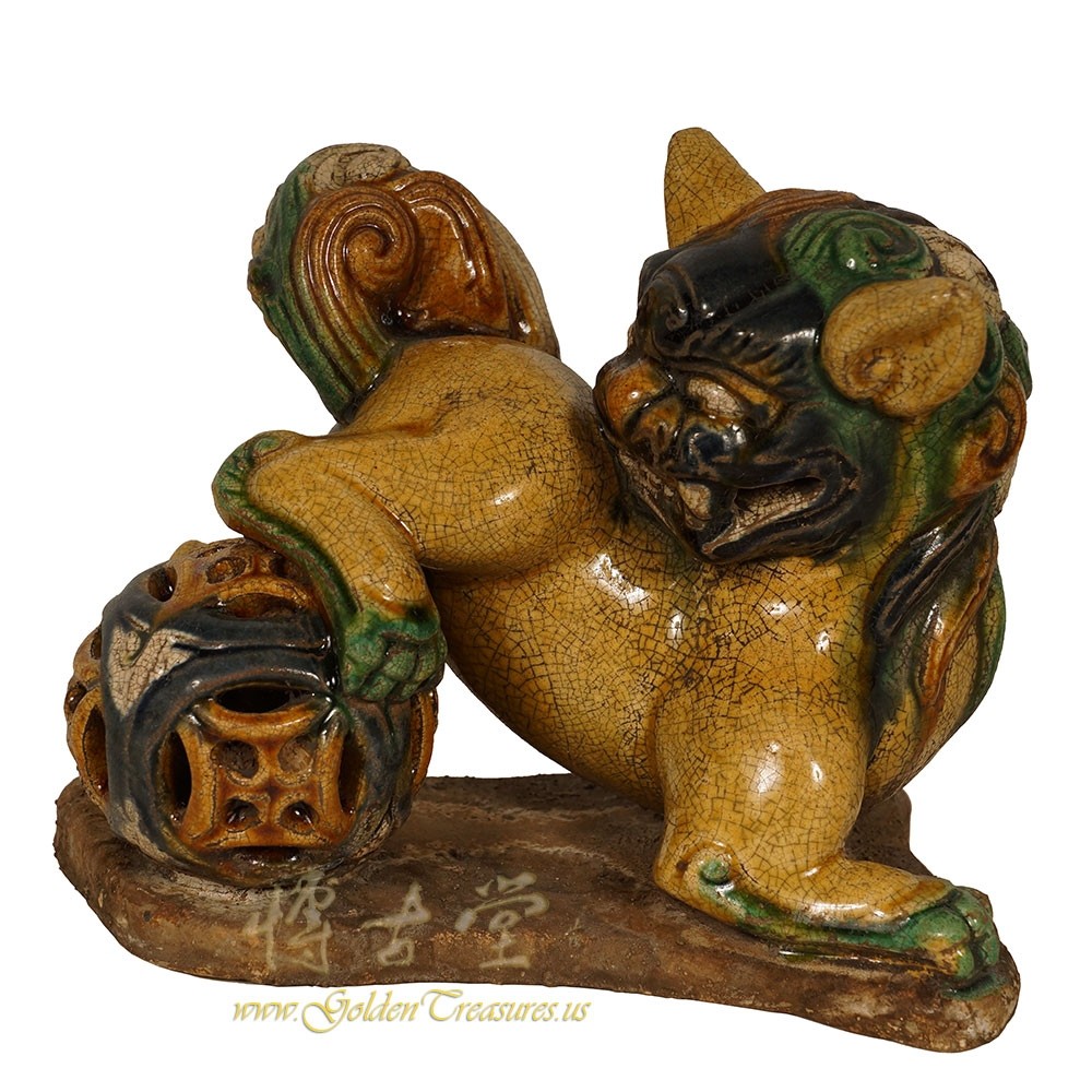 Vintage Chinese Ceramic Glaze Foo Dog playing Ball