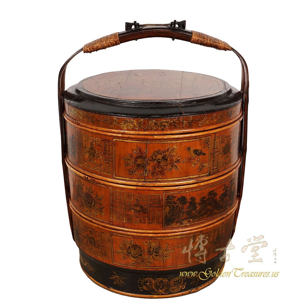 Vintage Chinese Hand painted 3 Tier Wedding Basket/Lunch Box